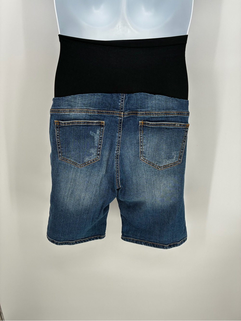 Indigo Blue Distressed Denim Bermuda Maternity Shorts Size M Full Belly Panel - Picture 6 of 9